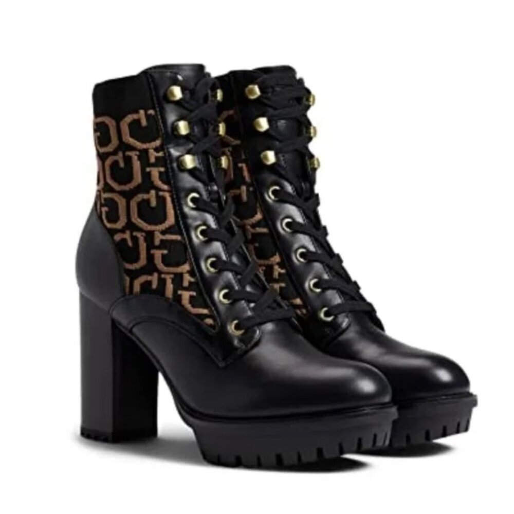 Guess Grows Black Logo Print Platform Padded Insole Round Toe Boot NWOB Size 7.5